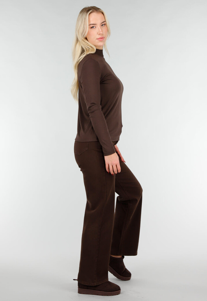Bruine Top met Lange Mouwen en Col