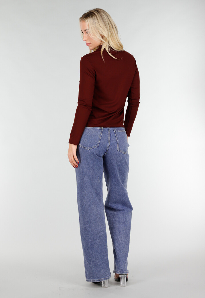 Bordeaux Top met Lange Mouwen en Col