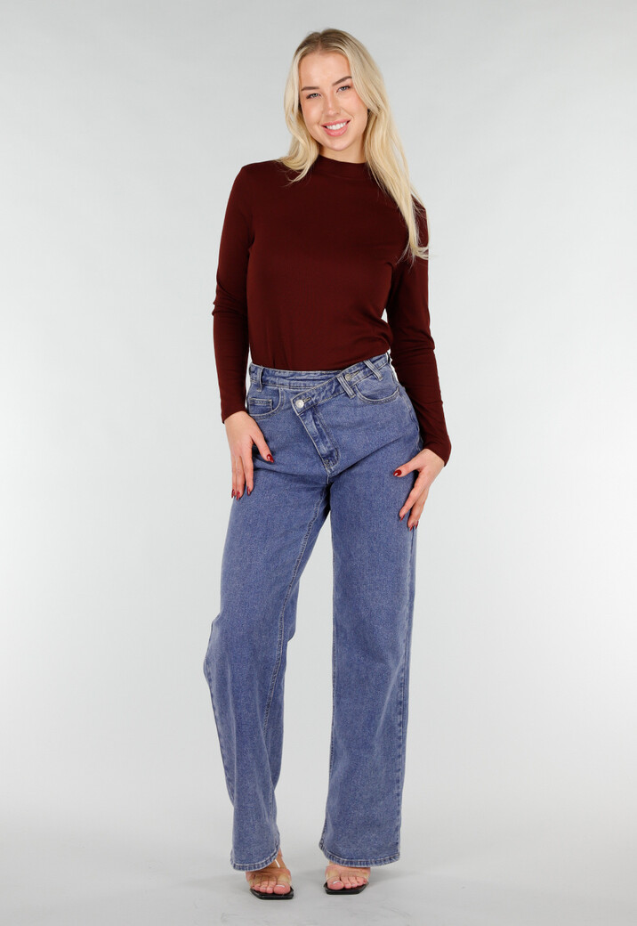 Bordeaux Top met Lange Mouwen en Col
