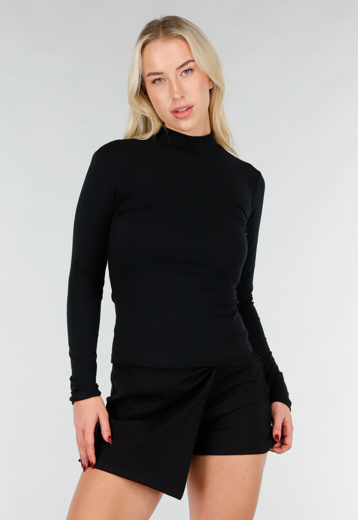 Zwarte Top met Col en Lange Mouw