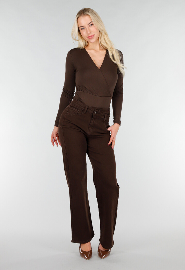 Bruine Wrap Bodysuit met Lange Mouw