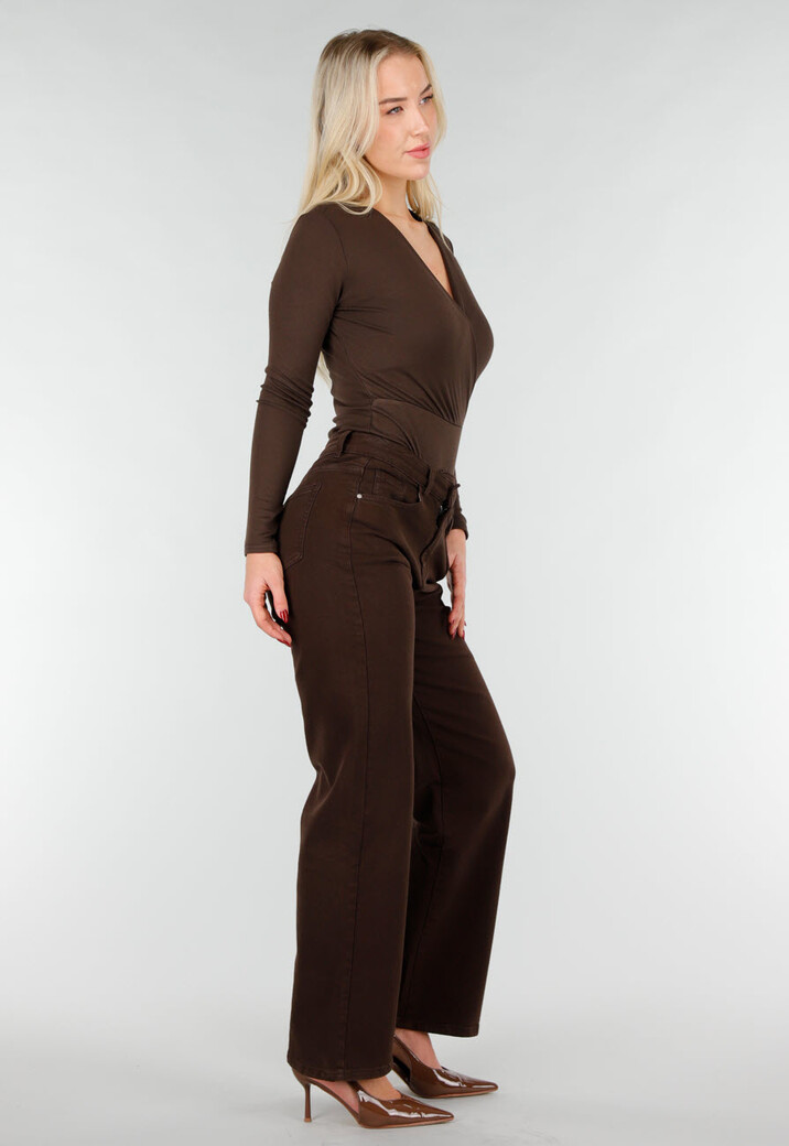 Bruine Wrap Bodysuit met Lange Mouw