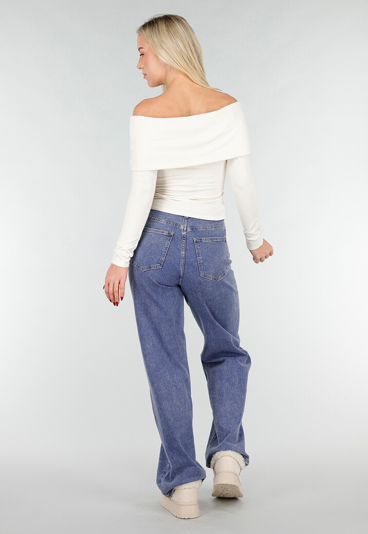 Ecru Off Shoulder Top met Lange Mouw