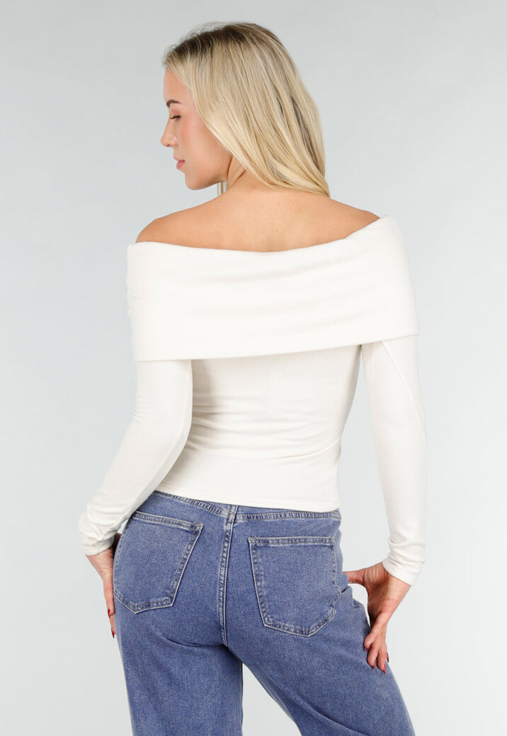 Ecru Off Shoulder Top met Lange Mouw