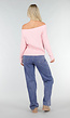 Lichtroze Off Shoulder Trui met Kabelpatroon en Brede Halsrand