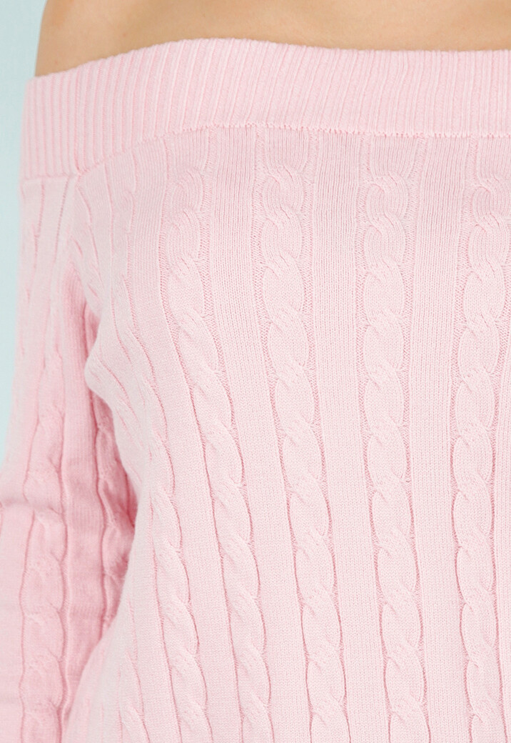 Lichtroze Off Shoulder Trui met Kabelpatroon en Brede Halsrand
