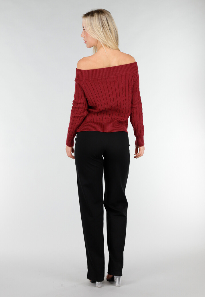 Donkerroze Off Shoulder Trui met Kabelpatroon en Brede Halsrand