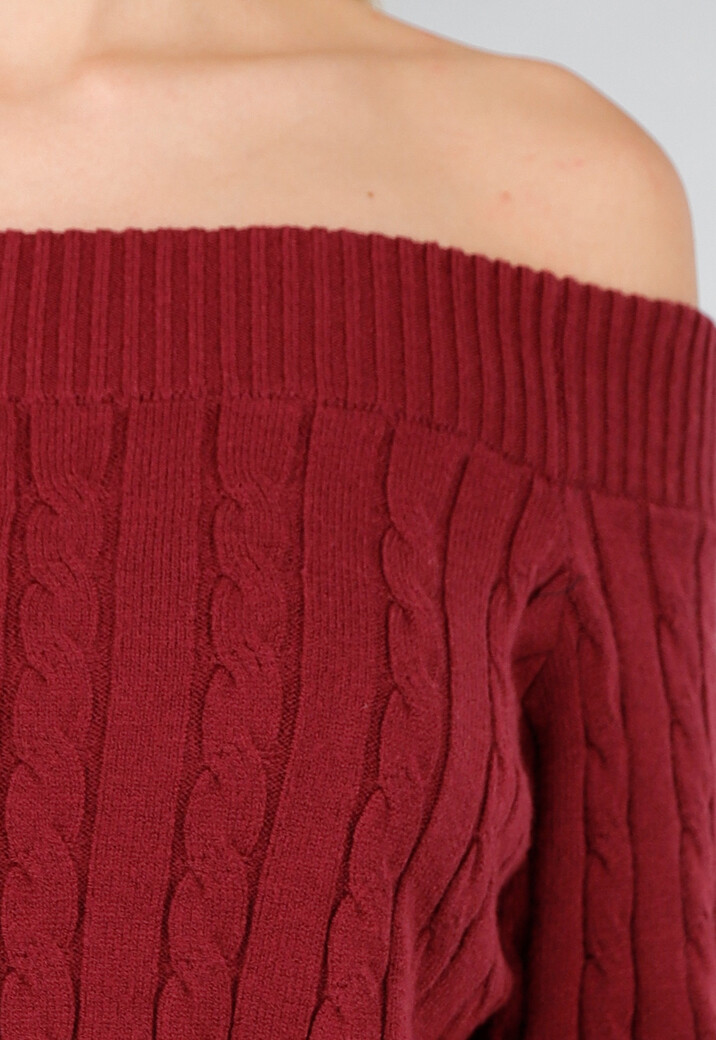 Donkerroze Off Shoulder Trui met Kabelpatroon en Brede Halsrand