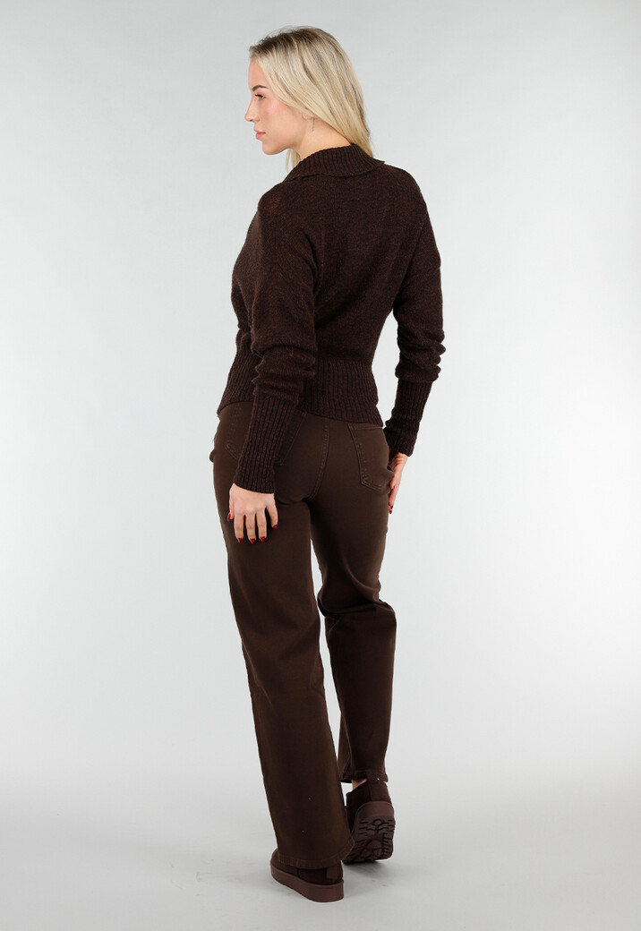 Bruine Gebreide Wrap Trui met Lange Mouwen