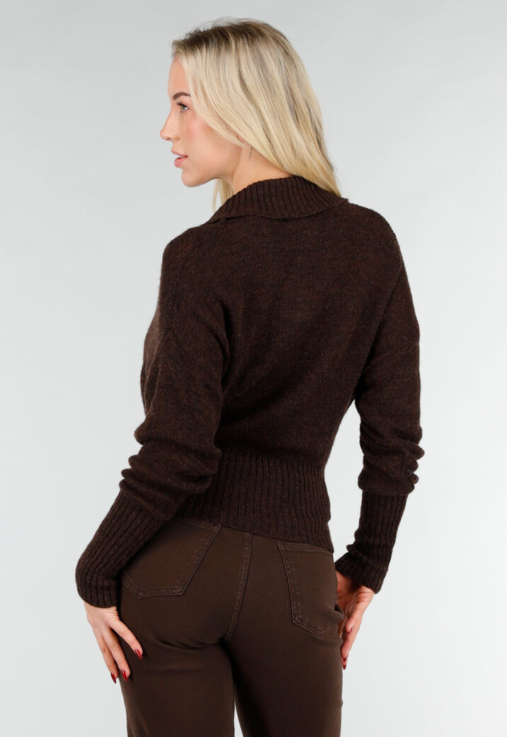 Bruine Gebreide Wrap Trui met Lange Mouwen