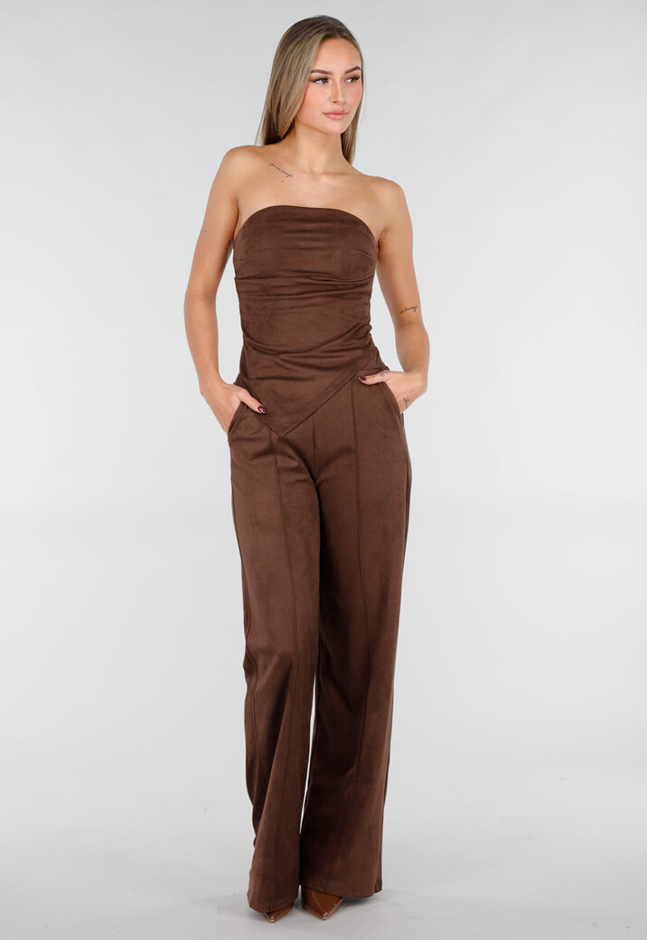 Bruine Suède Pantalon met Rechte Pijpen en Naaddetails