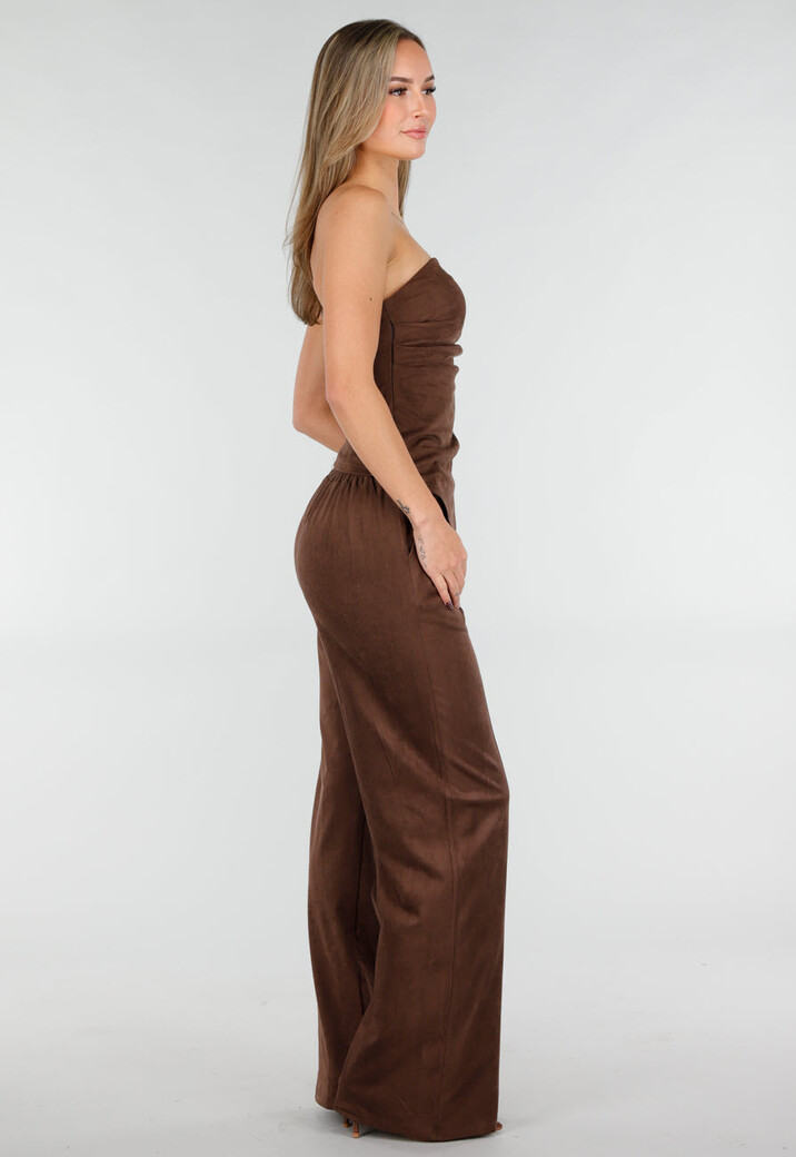 Bruine Suède Pantalon met Rechte Pijpen en Naaddetails