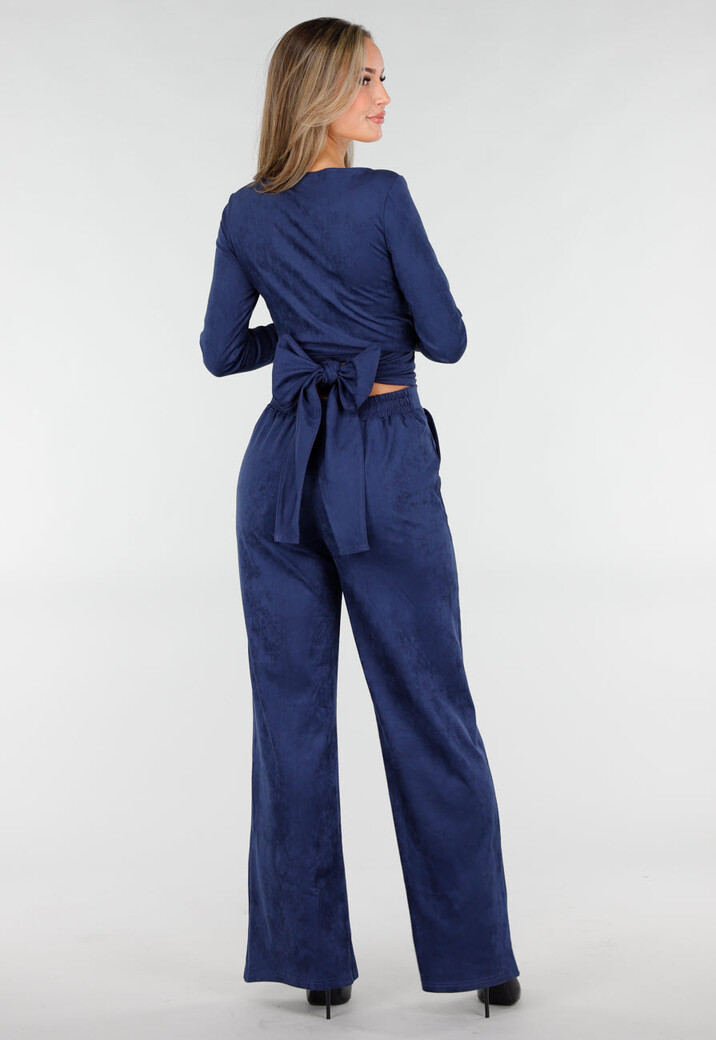 Donkerblauwe Straight Leg Suède Pantalon met Rechte Pijpen