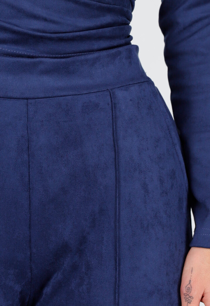 Donkerblauwe Straight Leg Suède Pantalon met Rechte Pijpen