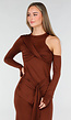 Bruine Asymmetrische Maxi Jurk met Cut Out en Draping