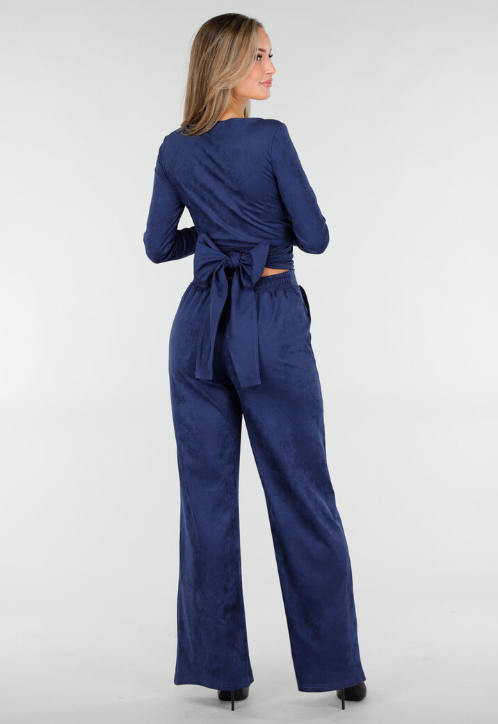 Donkerblauwe Suede Overslag Top met Stretch