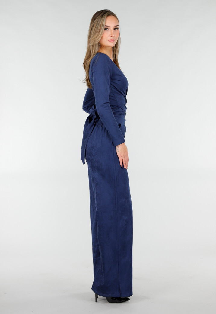 Donkerblauwe Suede Overslag Top met Stretch