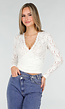Witte Kanten Wikkel Top met Lange Mouwen
