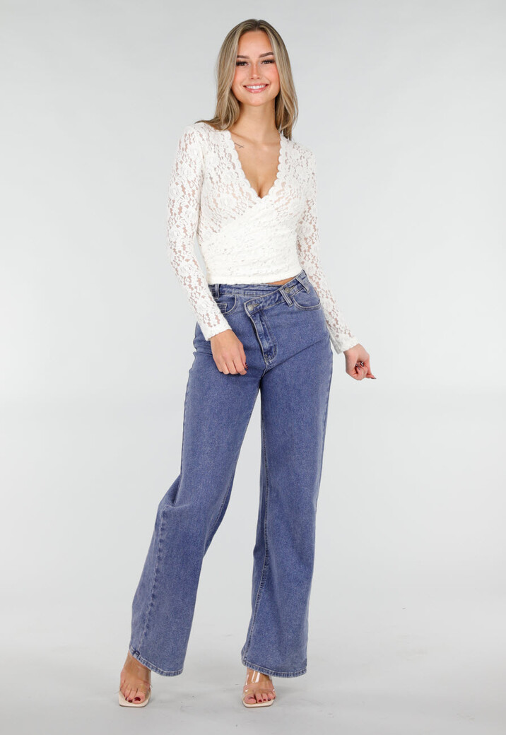 Witte Kanten Wikkel Top met Lange Mouwen