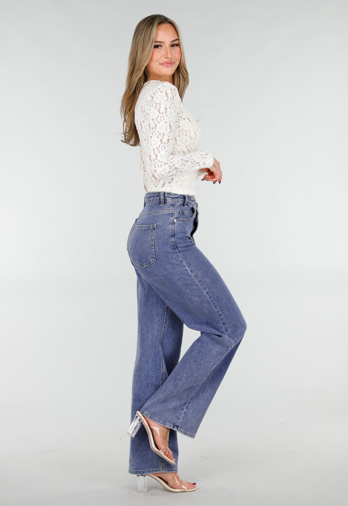 Witte Kanten Wikkel Top met Lange Mouwen