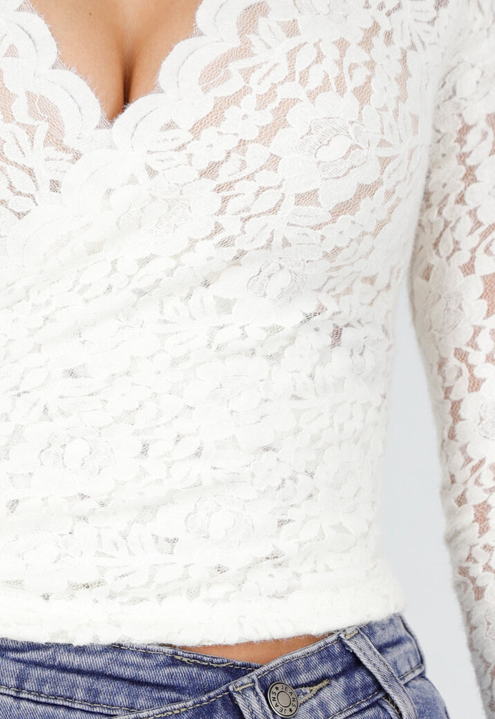 Witte Kanten Wikkel Top met Lange Mouwen