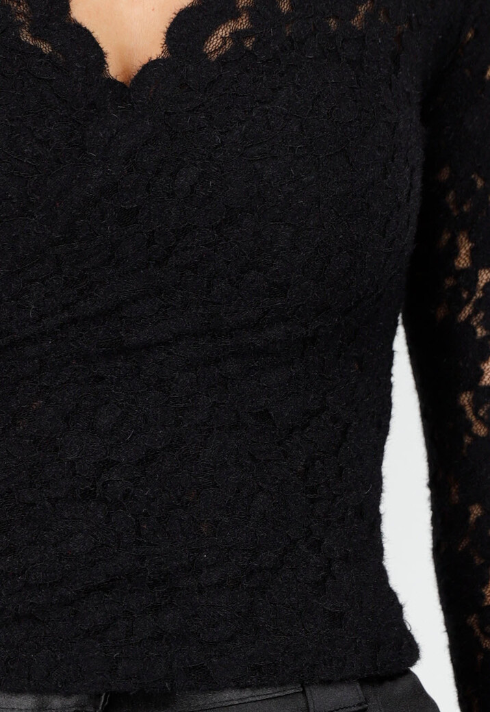 Zwarte Kanten Wikkel Top met Lange Mouwen