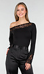 Zwarte One Shoulder Body met Lange Mouw en Kantdetails