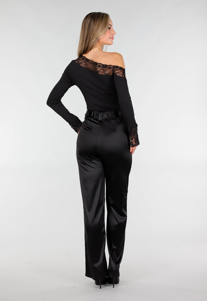 Zwarte One Shoulder Body met Lange Mouw en Kantdetails
