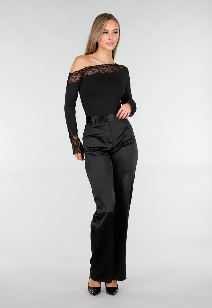 Zwarte One Shoulder Body met Lange Mouw en Kantdetails