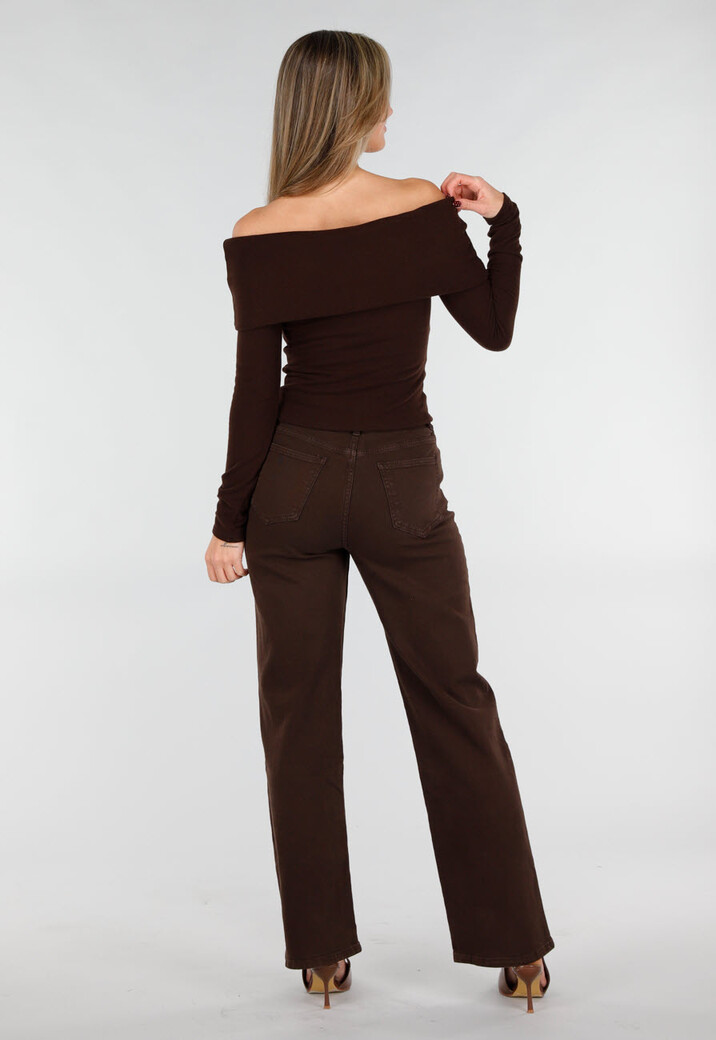 Bruine Off Shoulder Top met Lange Mouw