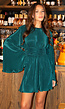 Donkergroene Plissé Jurk met Wijde Mouwen en Gerimpelde Taille