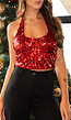 Rood Pailletten Halter Top met Open Rug