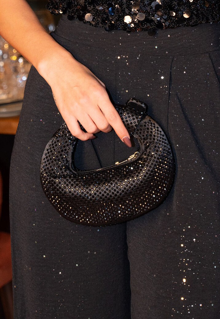 Zwarte Mini Handtas met Strass Steentjes en Ronde Vorm