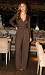 Bruine Jumpsuit met Wijde Pijpen en Tailleband