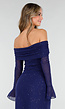 Navy Off Shoulder Maxi Glitter Jurk met Lange Mouwen