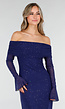 Navy Off Shoulder Maxi Glitter Jurk met Lange Mouwen