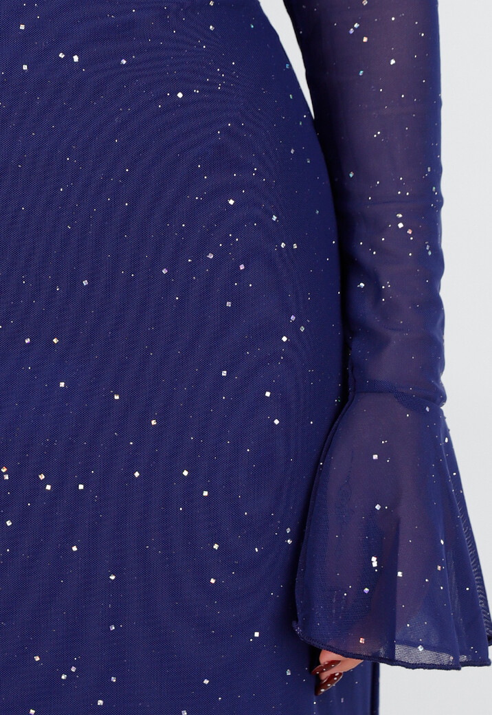 Navy Off Shoulder Maxi Glitter Jurk met Lange Mouwen