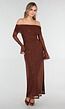 Bruine Off Shoulder Maxi Glitter Jurk met Lange Mouwen
