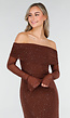 Bruine Off Shoulder Maxi Glitter Jurk met Lange Mouwen