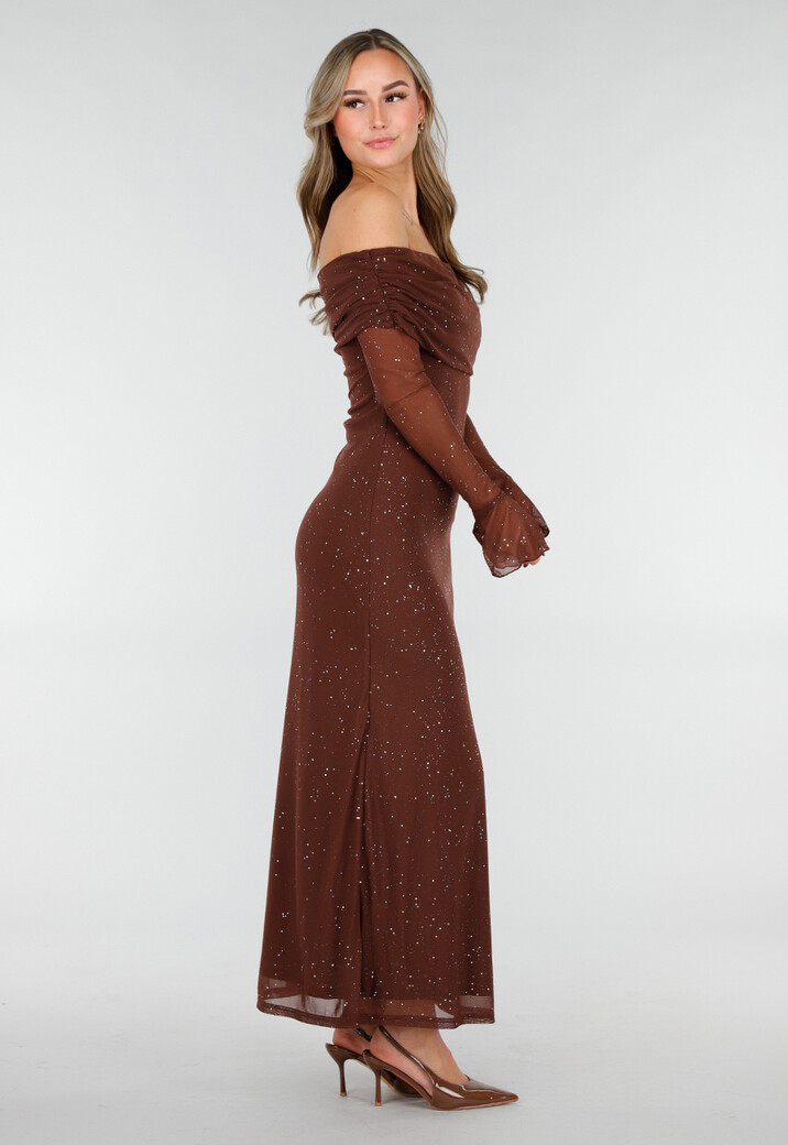 Bruine Off Shoulder Maxi Glitter Jurk met Lange Mouwen