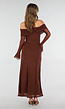 Bruine Off Shoulder Maxi Glitter Jurk met Lange Mouwen