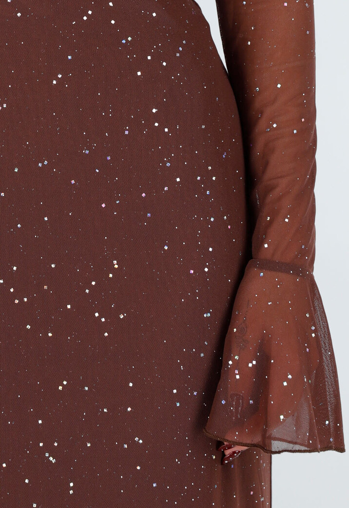 Bruine Off Shoulder Maxi Glitter Jurk met Lange Mouwen