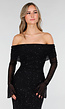 Zwarte Off Shoulder Maxi Glitter Jurk met Lange Mouwen