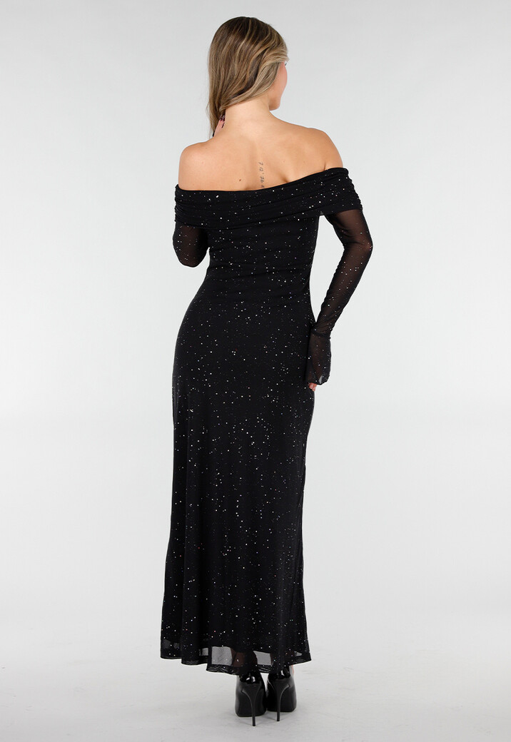 Zwarte Off Shoulder Maxi Glitter Jurk met Lange Mouwen
