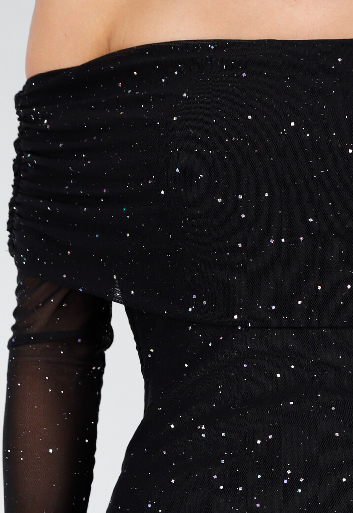 Zwarte Off Shoulder Maxi Glitter Jurk met Lange Mouwen
