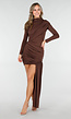 Bruine Asymmetrische Mini Jurk met Lange Mouw en Draping