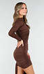 Bruine Asymmetrische Mini Jurk met Lange Mouw en Draping