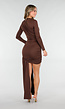 Bruine Asymmetrische Mini Jurk met Lange Mouw en Draping