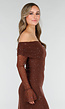 Bruine Off Shoulder Maxi Glitter Jurk met Lange Mouwen