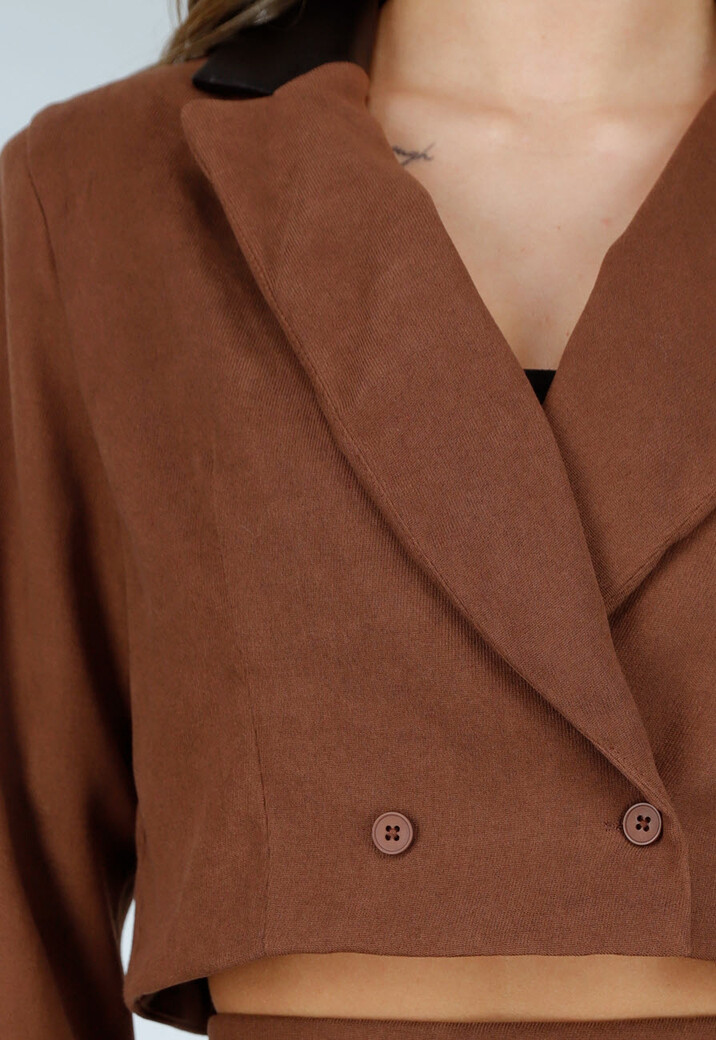 Bruine Set met Rok en Blazer met Lederlookdetails